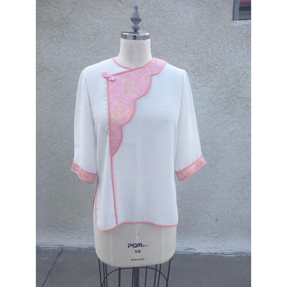 Blouse White And Peach Short Sleave Crew Neck Asian Inspired Top